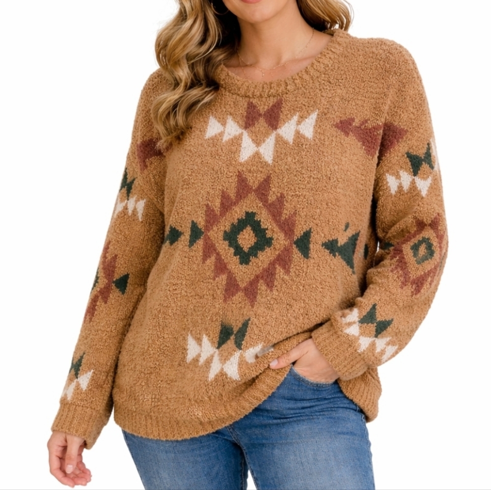 Heyson Tan Aztec Sweater Small Boho Pullover Multicolor Browns
